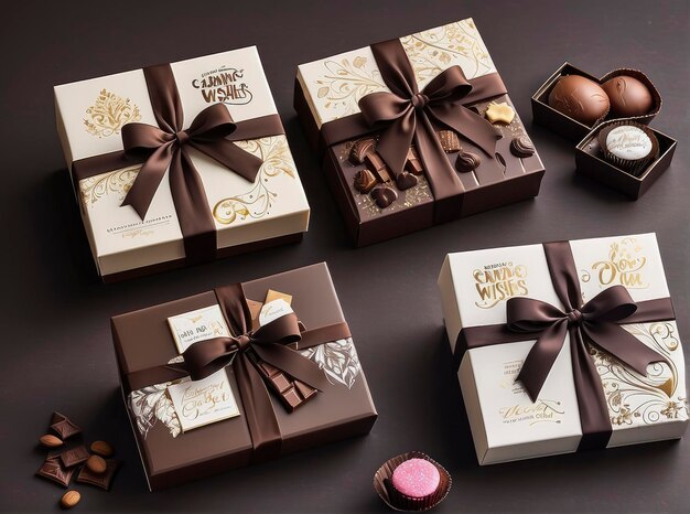 Photo a group of chocolates wrapped in brown ribbon and boxes with chocolates