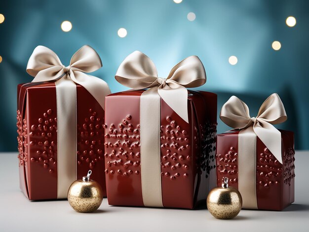 a group of christmas gift boxes with gold bows.