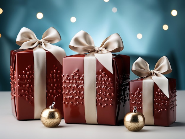 a group of christmas gift boxes with gold bows.