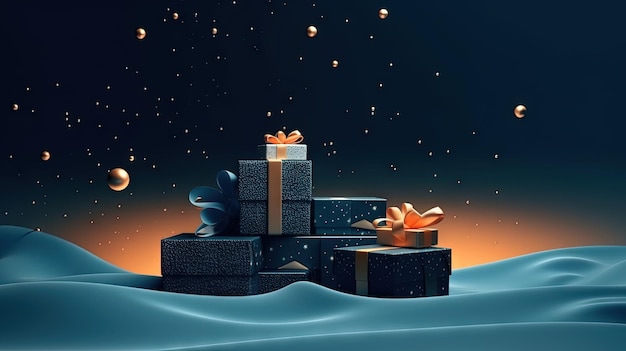 Group of Christmas gifts on blue background Boxes with ribbons for winter holidays Generated AI