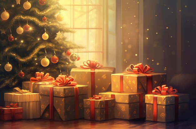 Group of Christmas Gifts and Presents Under a Christmas Tree