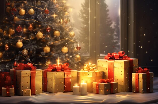 Group of Christmas Gifts and Presents Under a Christmas Tree