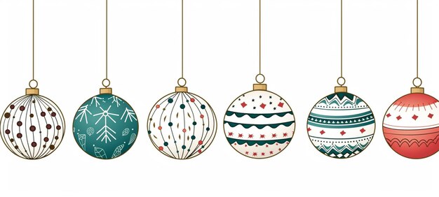 a group of christmas ornaments hanging from strings on a white background generative ai