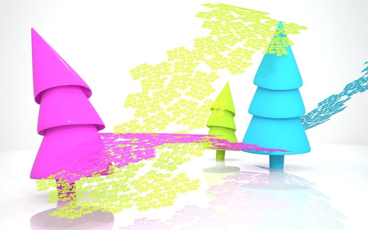 फोटो a group of christmas trees with different colors and the word christmas on the bottom.