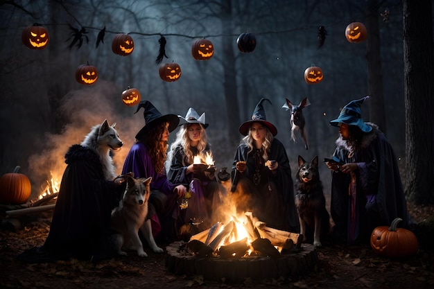 A group of classic Halloween creatures such as a witch a ghost a vampire and a werewolf