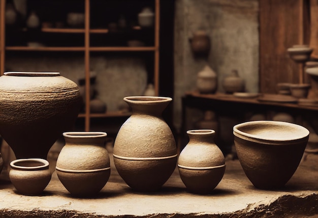 A group of clay pots are lined up on a table