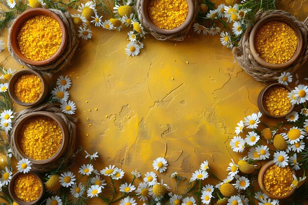 Foto gruppo di vasi di argilla pieni di fiori gialli e bianchi ai generativa