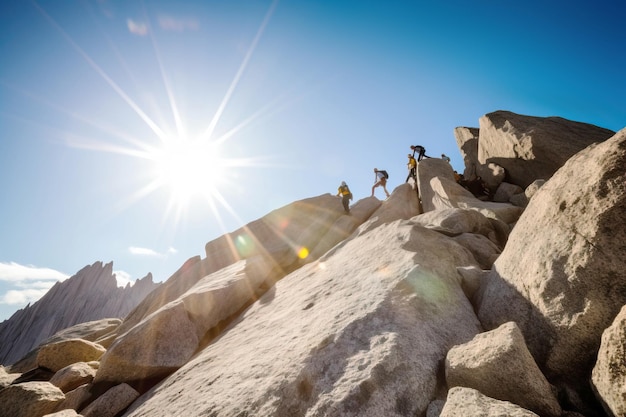 Group of climbers in the rays of the sun in the concept of active extreme sports on the mountain