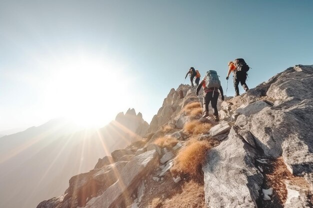 Group of climbers in the rays of the sun in the concept of active extreme sports on the mountain