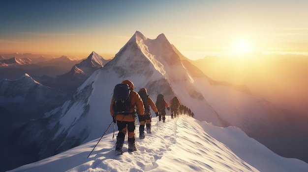 Group of climbers reaching the Everest summit in Nepal Generative AI