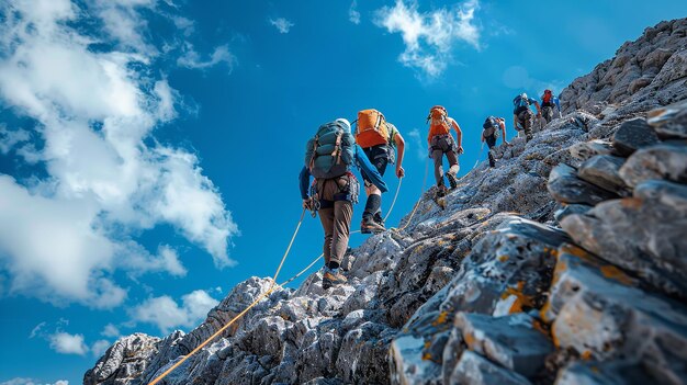 山の頂上でチームワークを支援する登山者グループ