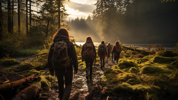 A group of climbers walking in the forest