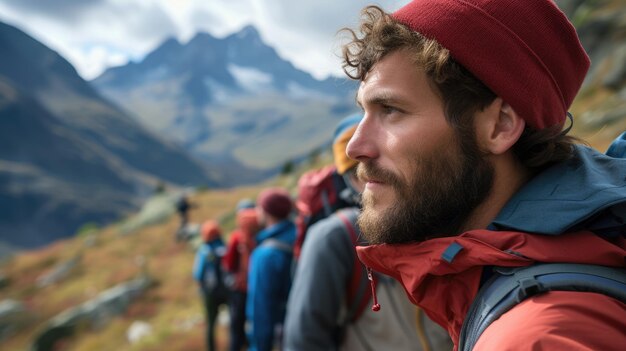 Group climbing rocky mountain surrounded by natural landscape travel adventure aig