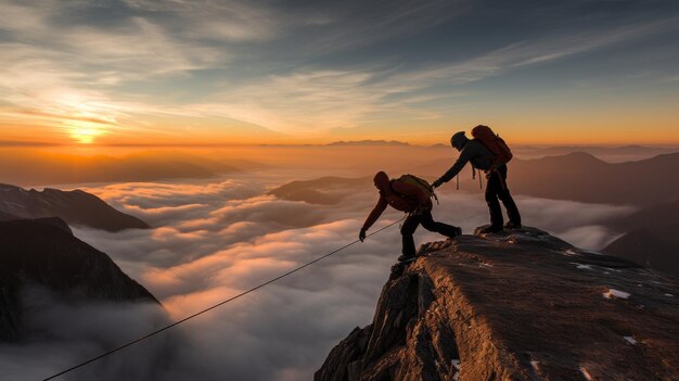 Group of close friends supporting each other to reach the majestic mountain peak