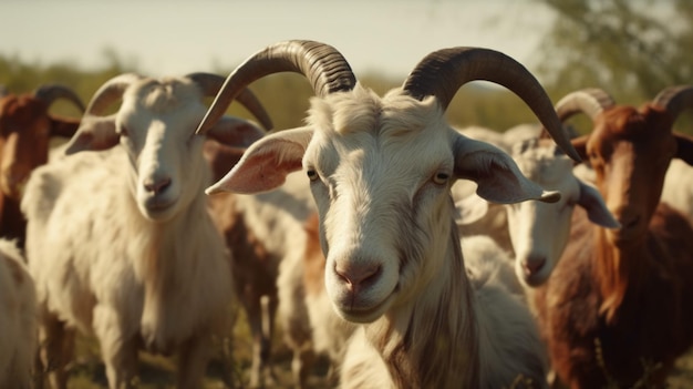 A group CLOSE UP BROWN AND WHITE of horned goats are gathered in a field IN SUNNY DAY