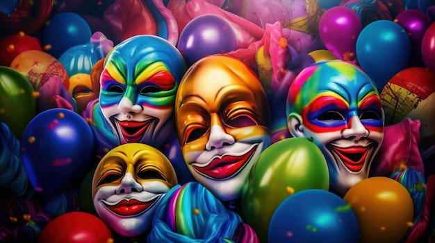 A group of clowns with a rainbow face on their faces