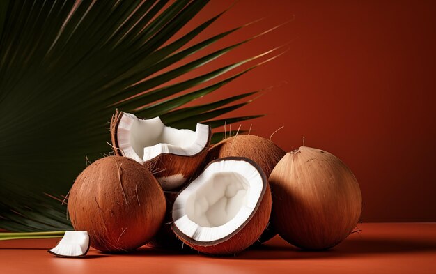 a group of coconuts and a palm leaf