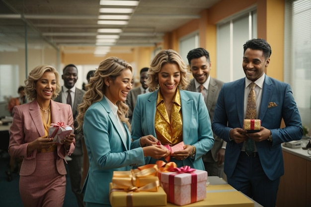 A group of colleagues in formal attire celebrating charismas exchanging gifts and laughter