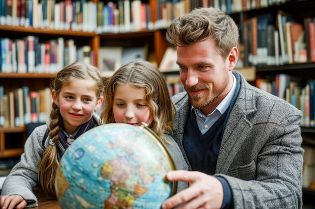 Group of college students pointing at globe in the library