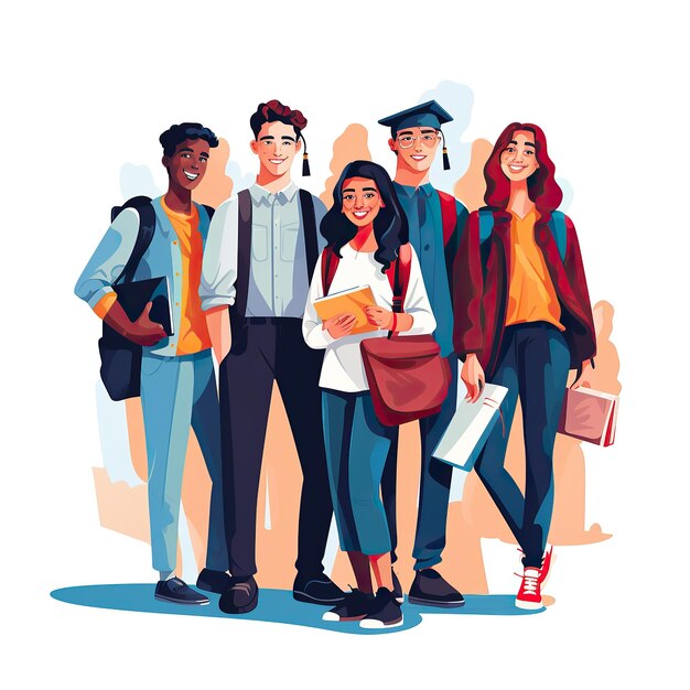 Group of college students with backpacks and books Vector illustration in flat style