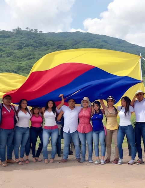 A group of colombian people standing in a circle each holding a corner of their flag