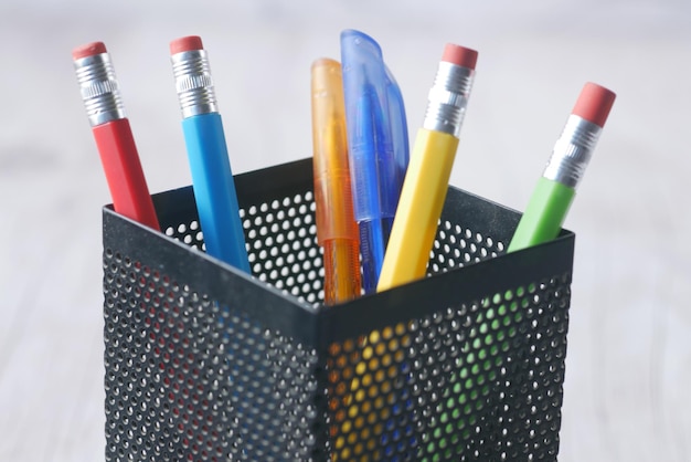 Group of color pencils on table with copy space