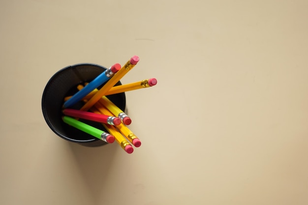 Group of color pencils on table with copy space