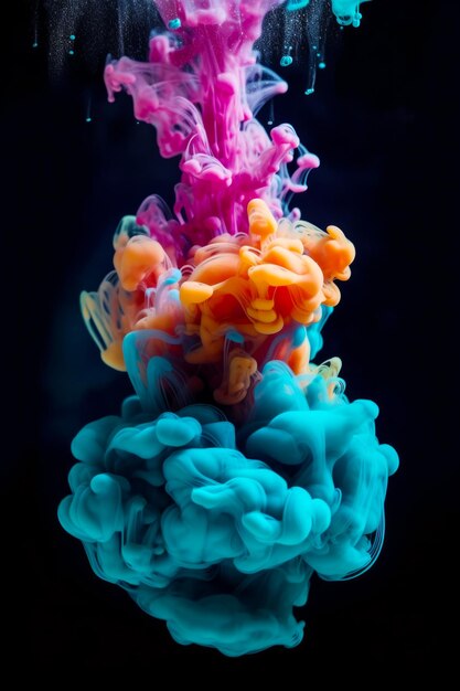 Group of colored inks floating in water on black background with black background Generative AI
