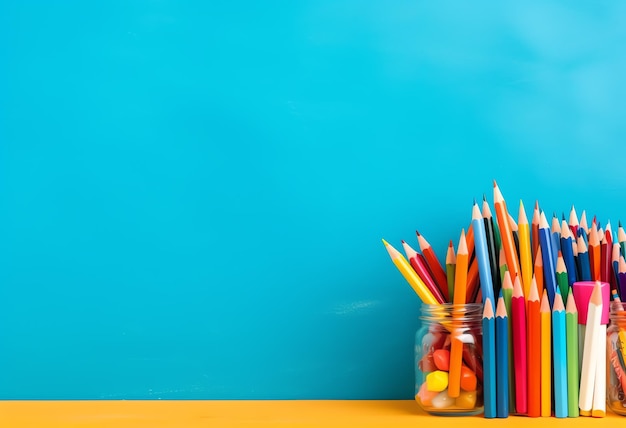 A group of colored pencils in a jar