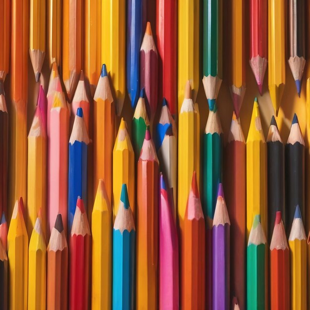 A group colored pencils row on yellow background