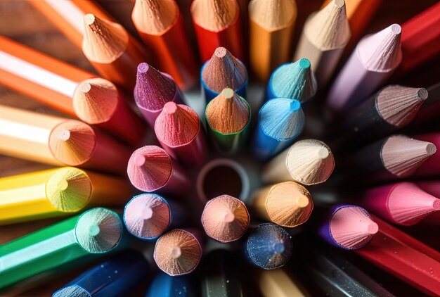 a group of colored pencils