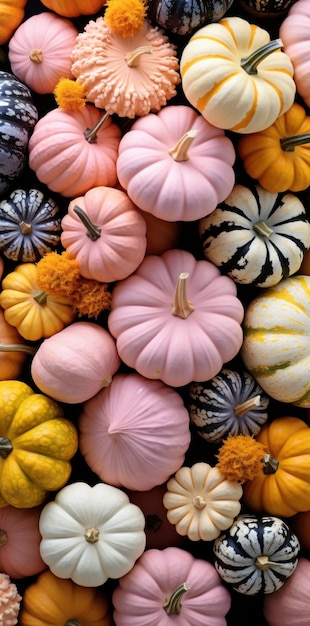 a group of colored pumpkins are sitting near each other