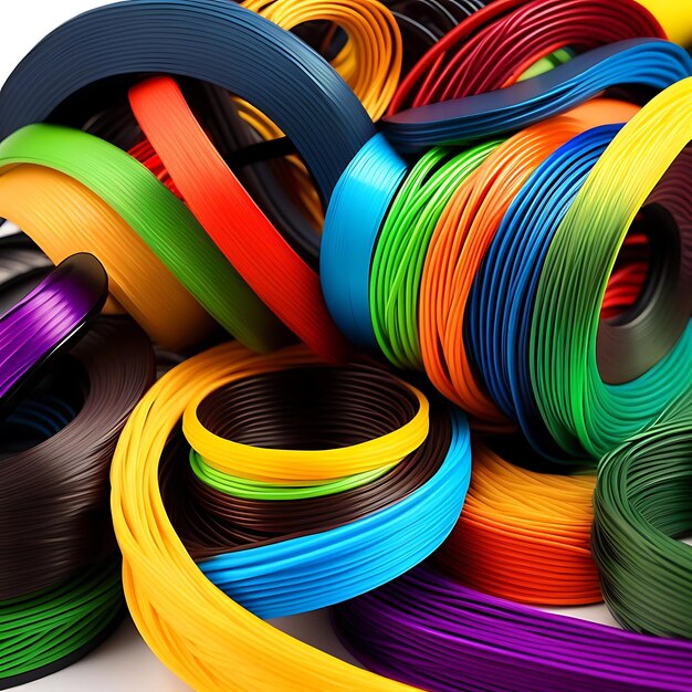 Group of colorful abs plastic filaments for 3d printer and pen on white background