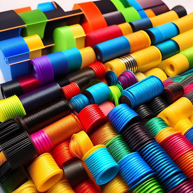 Group of colorful abs plastic filaments for 3d printer and pen on white background