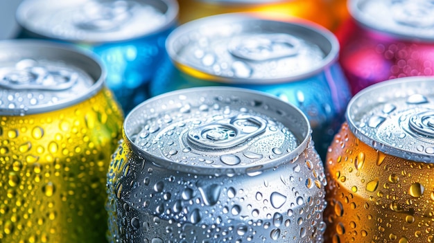 A group of colorful aluminum cans of beverage top view