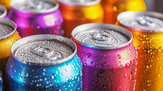 A group of colorful aluminum cans of beverage top view