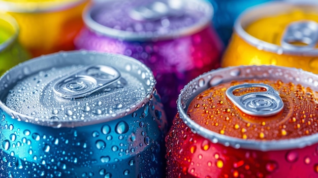 A group of colorful aluminum cans of beverage top view