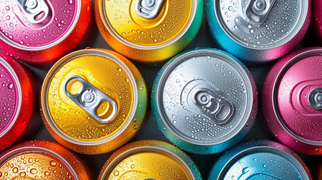 A group of colorful aluminum cans of beverage top view