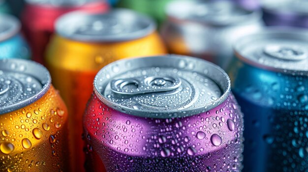 A group of colorful aluminum cans of beverage top view