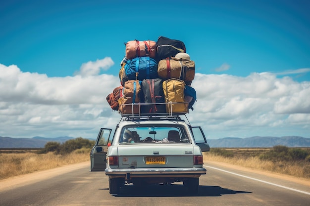 Foto gruppo di zaini colorati sul tetto di un'auto che viaggia su strada famiglia viaggio su strada famiglia latina che viaggia localmente in auto ai generato