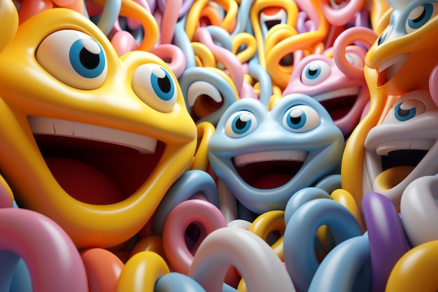A group of colorful balloons with eyes and mouths