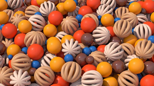 Группа красочных шаров. Бежевые, коричневые, синие, оранжевые сферы. Абстрактная иллюстрация, 3d визуализация.