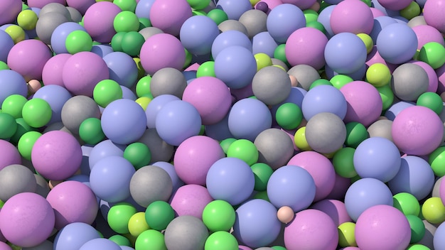 カラフルなボールのグループ。紫、青、緑、ベージュ、灰色の球。抽象的なイラスト、3Dレンダリング。