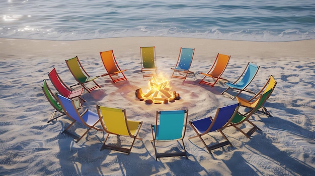A group of colorful beach chairs are arranged in a circle around a bonfire on the beach