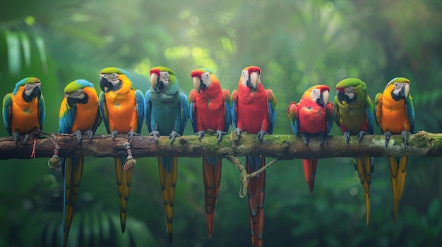 a group of colorful birds are sitting on a branch