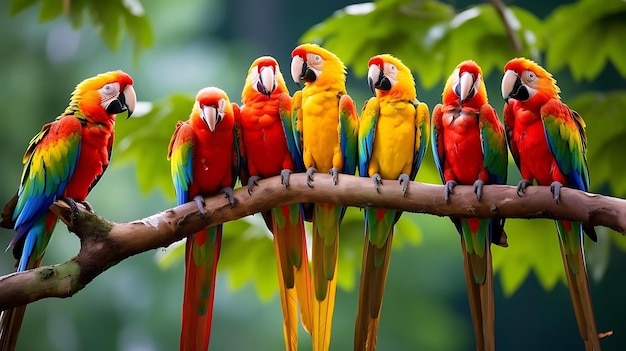 枝の上のカラフルな鳥のグループ