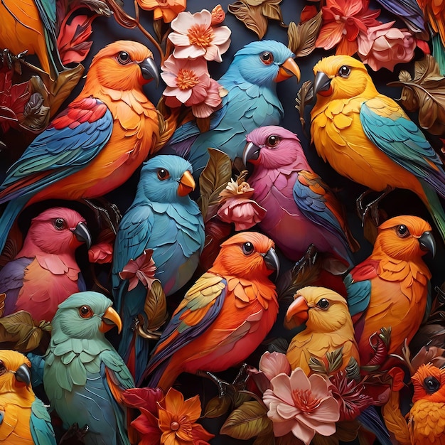 A group of colorful birds on branchesai generated
