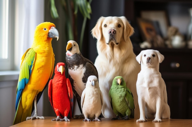 Photo a group of colorful birds and a dog