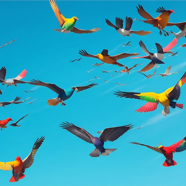 A group of colorful birds flying together in the sky