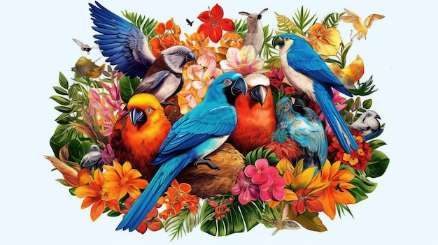 Группа разноцветных птиц Generative AI Art